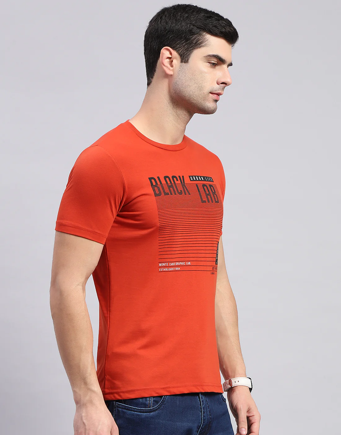 Men Navy Blue & Rust Solid Round Neck Half Sleeve T-Shirt - Image 5