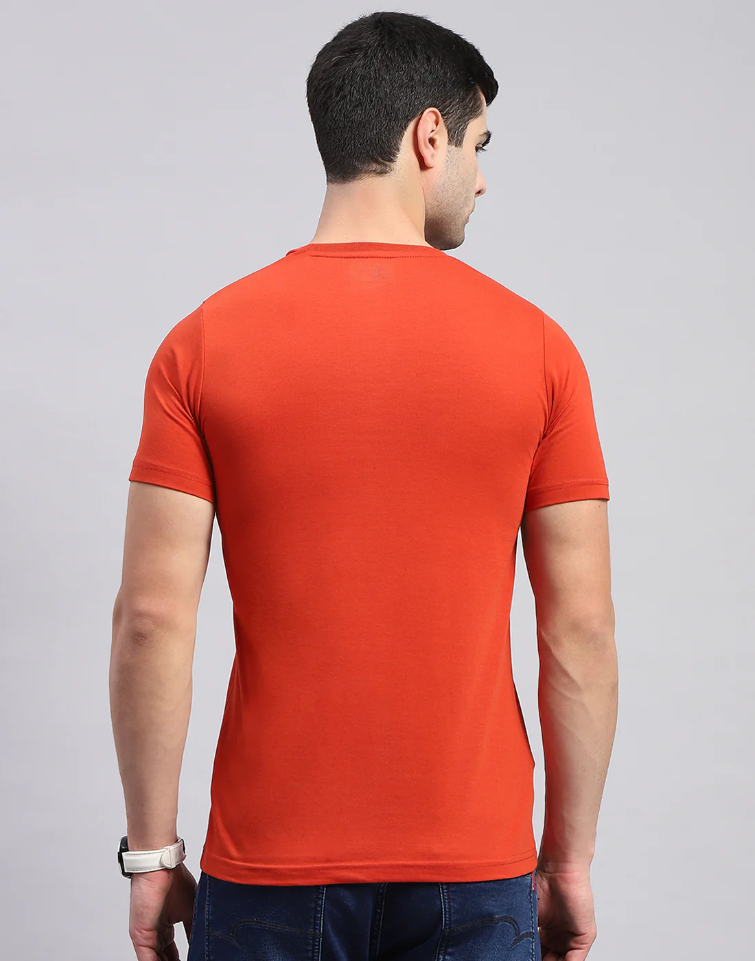 Men Navy Blue & Rust Solid Round Neck Half Sleeve T-Shirt - Image 6