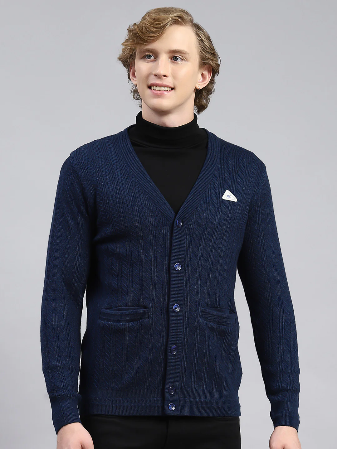 Men Navy Blue Self Cardigan - Image 2