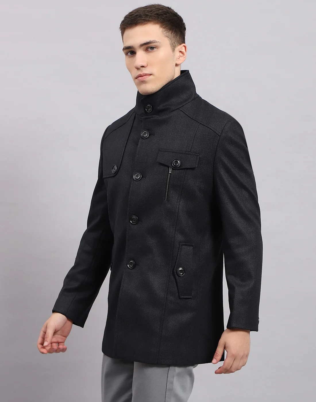 Men Navy Blue Self Design Band Collar Full Sleeve Coat - Image 3