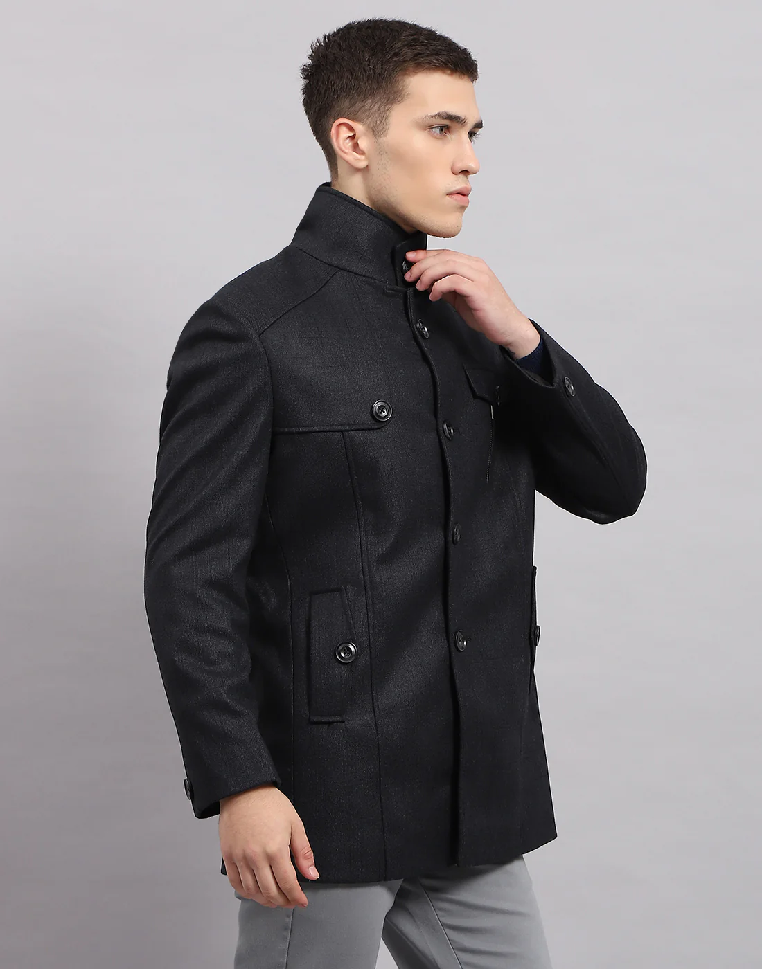 Men Navy Blue Self Design Band Collar Full Sleeve Coat - Image 4