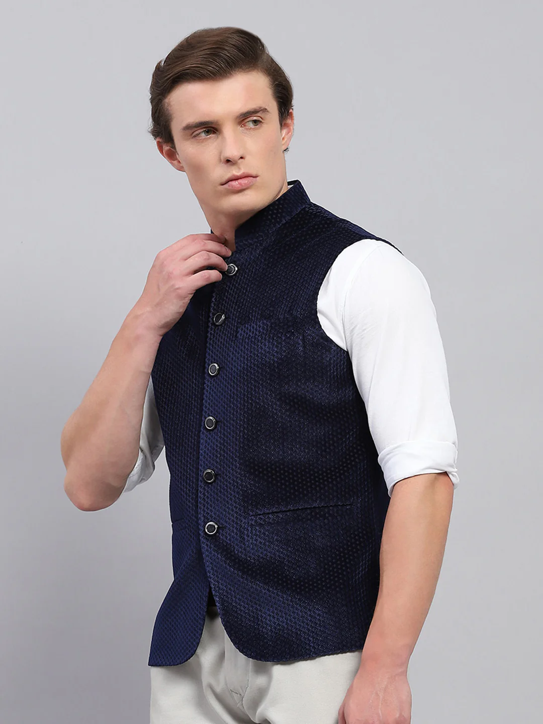 Men Navy Blue Self Design Band Collar Sleeveless Coat - Image 3