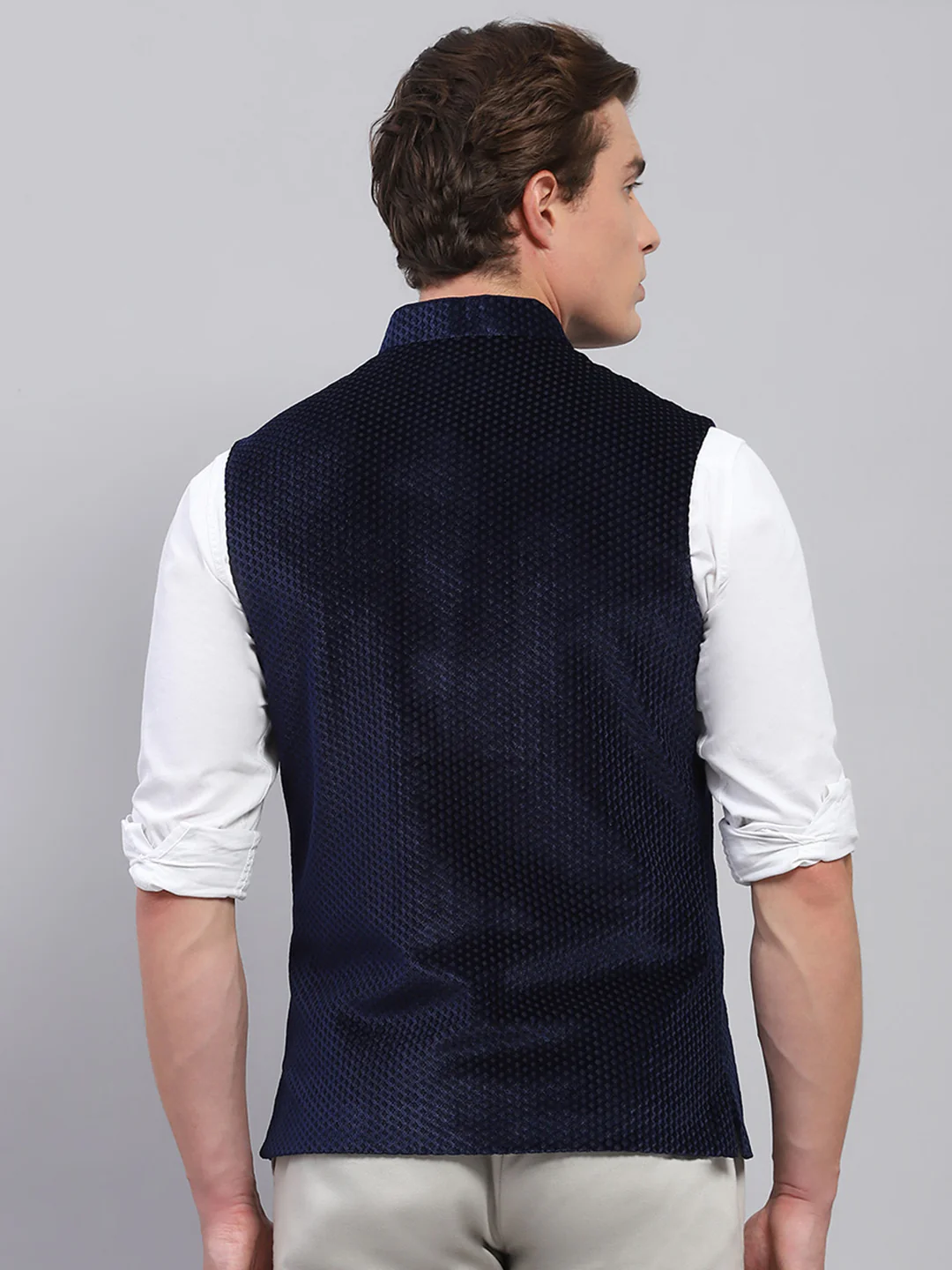 Men Navy Blue Self Design Band Collar Sleeveless Coat - Image 5
