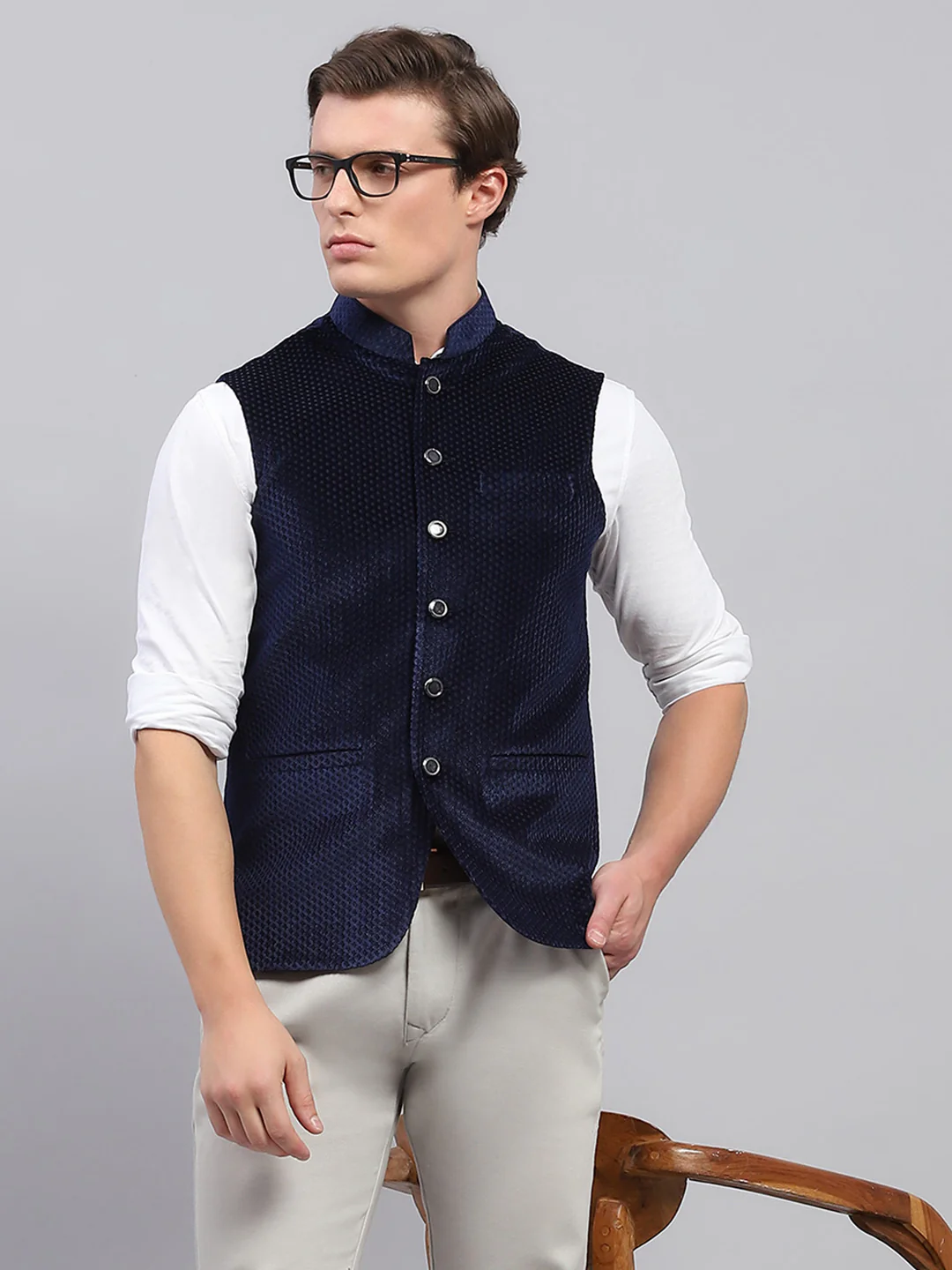 Men Navy Blue Self Design Band Collar Sleeveless Coat - Image 6