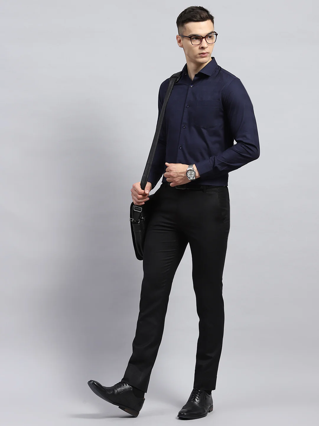 Men Navy Blue Self Design Collar Full Sleeve Shirt - Image 2