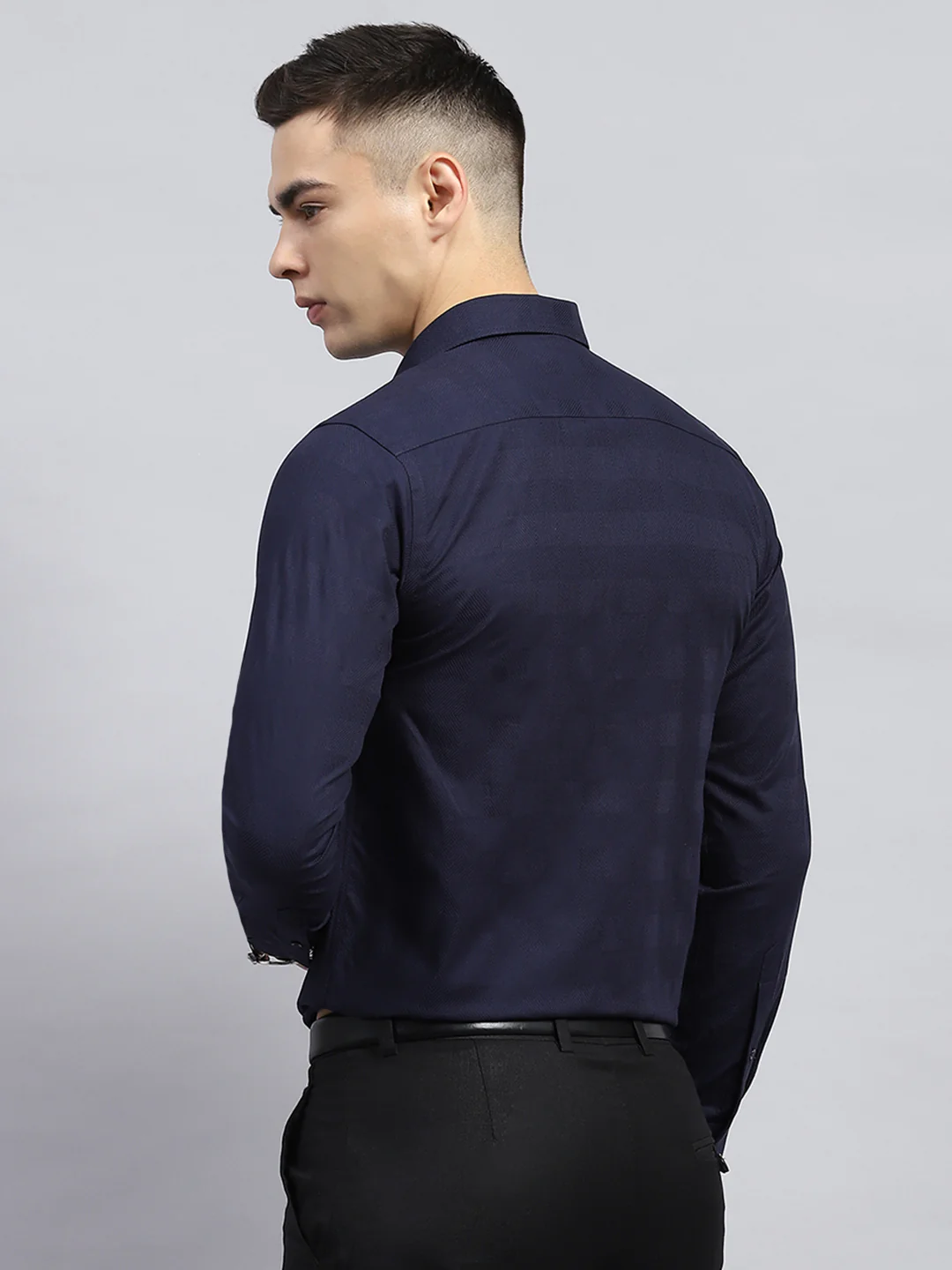 Men Navy Blue Self Design Collar Full Sleeve Shirt - Image 5