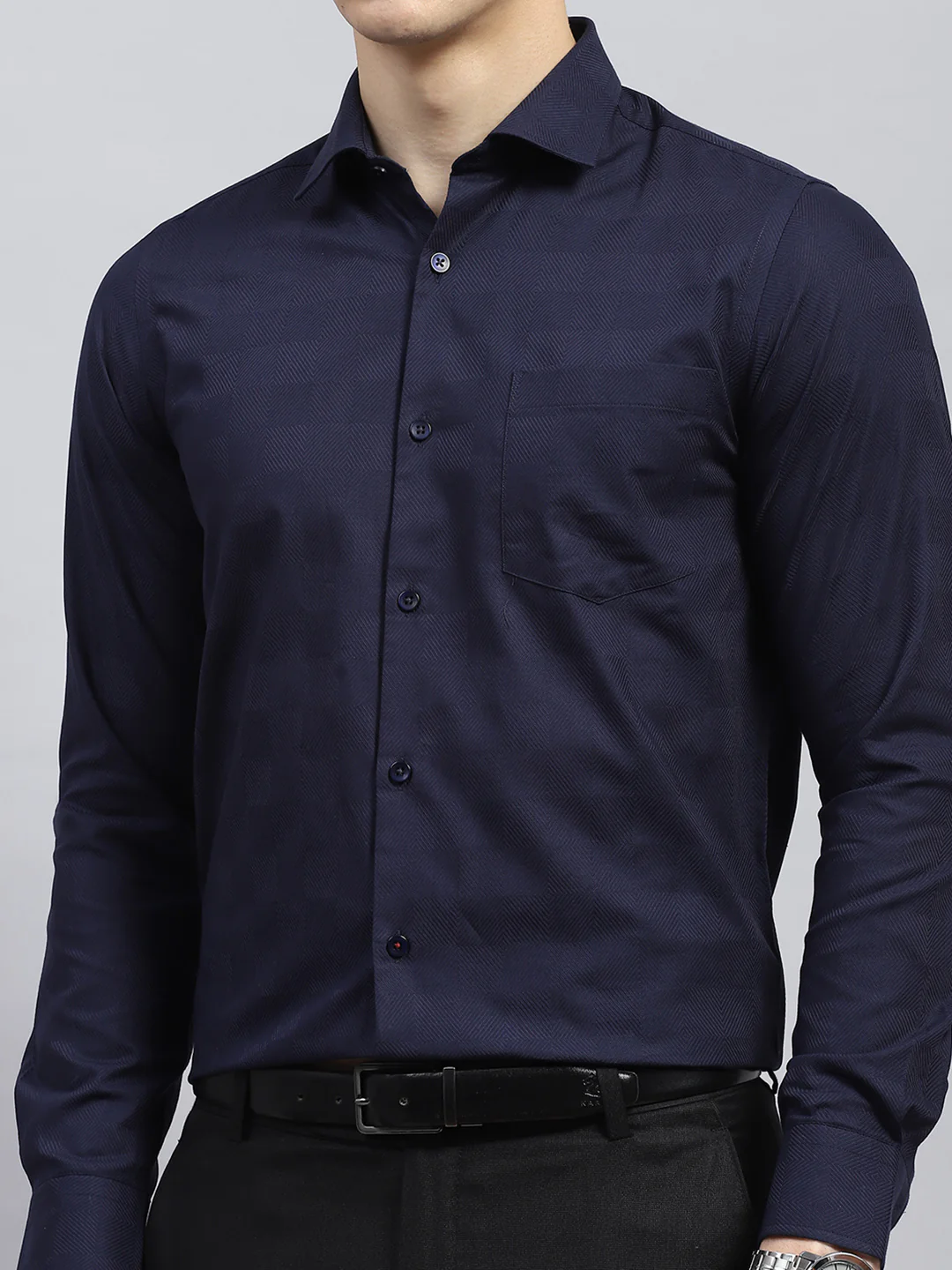 Men Navy Blue Self Design Collar Full Sleeve Shirt - Image 6