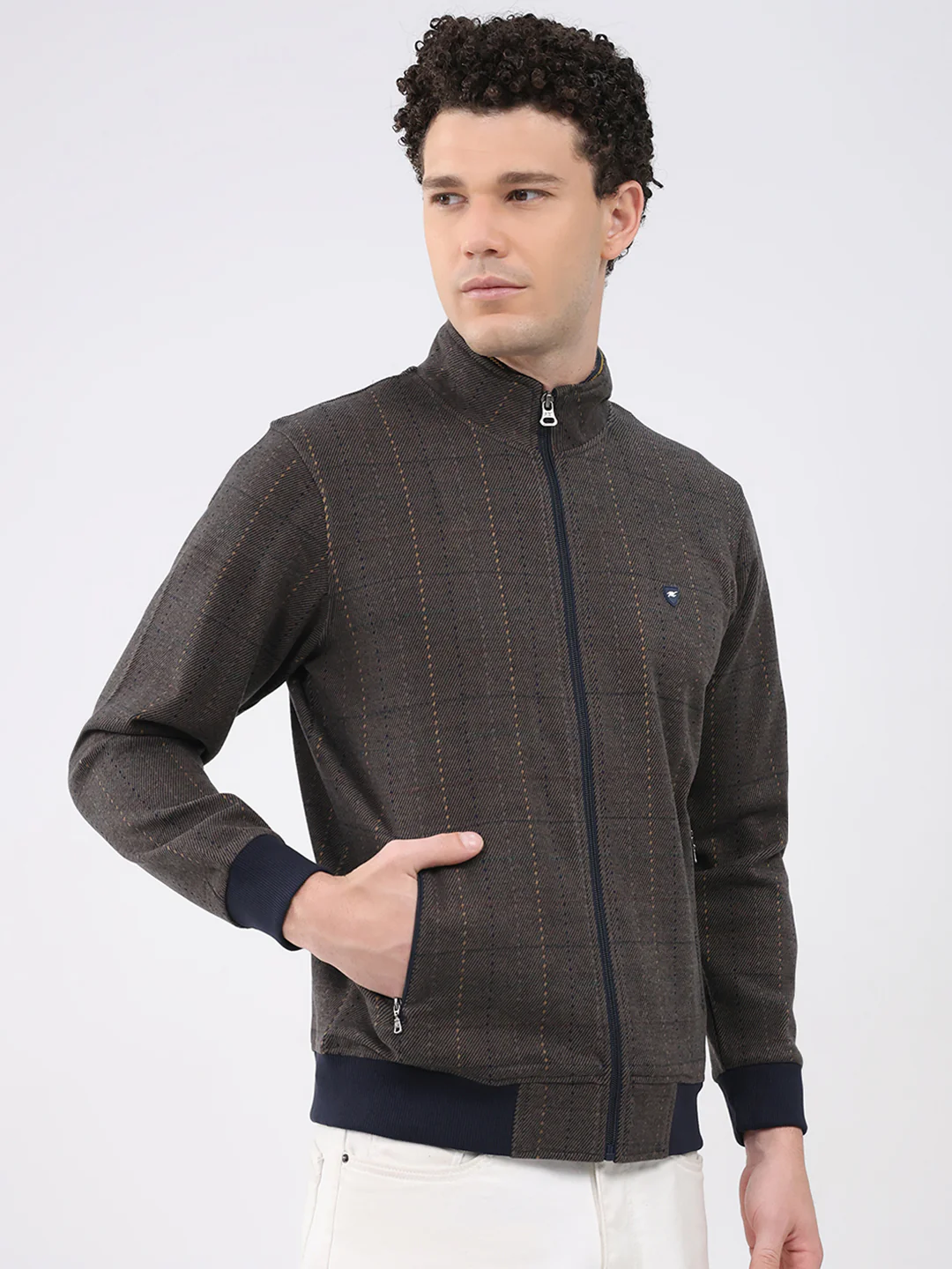 Men Navy Blue Self Design Collar Full Sleeve Sweatshirt - Image 4