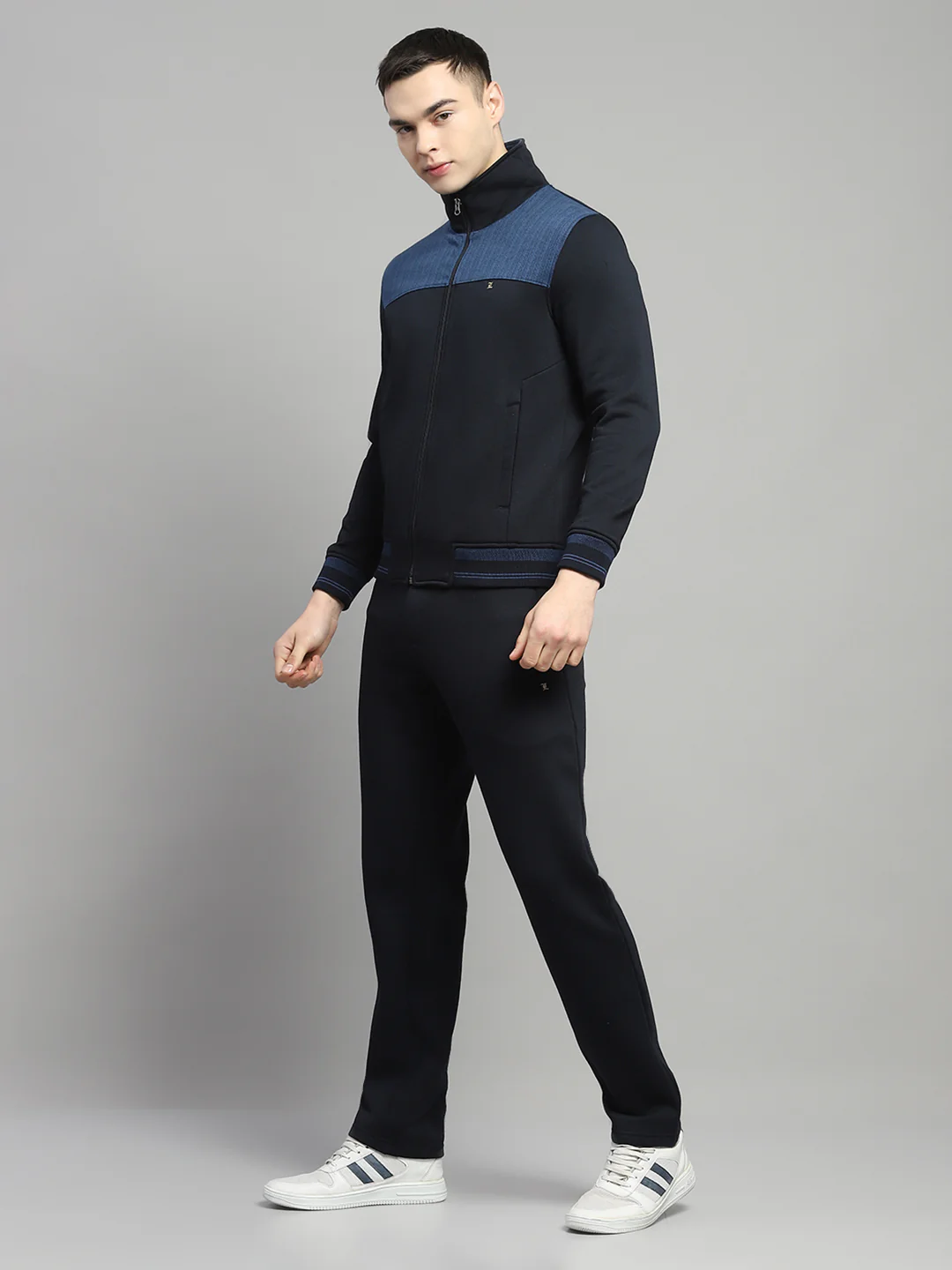 Men Navy Blue Self Design Collar Full Sleeve Winter Tracksuit - Image 3