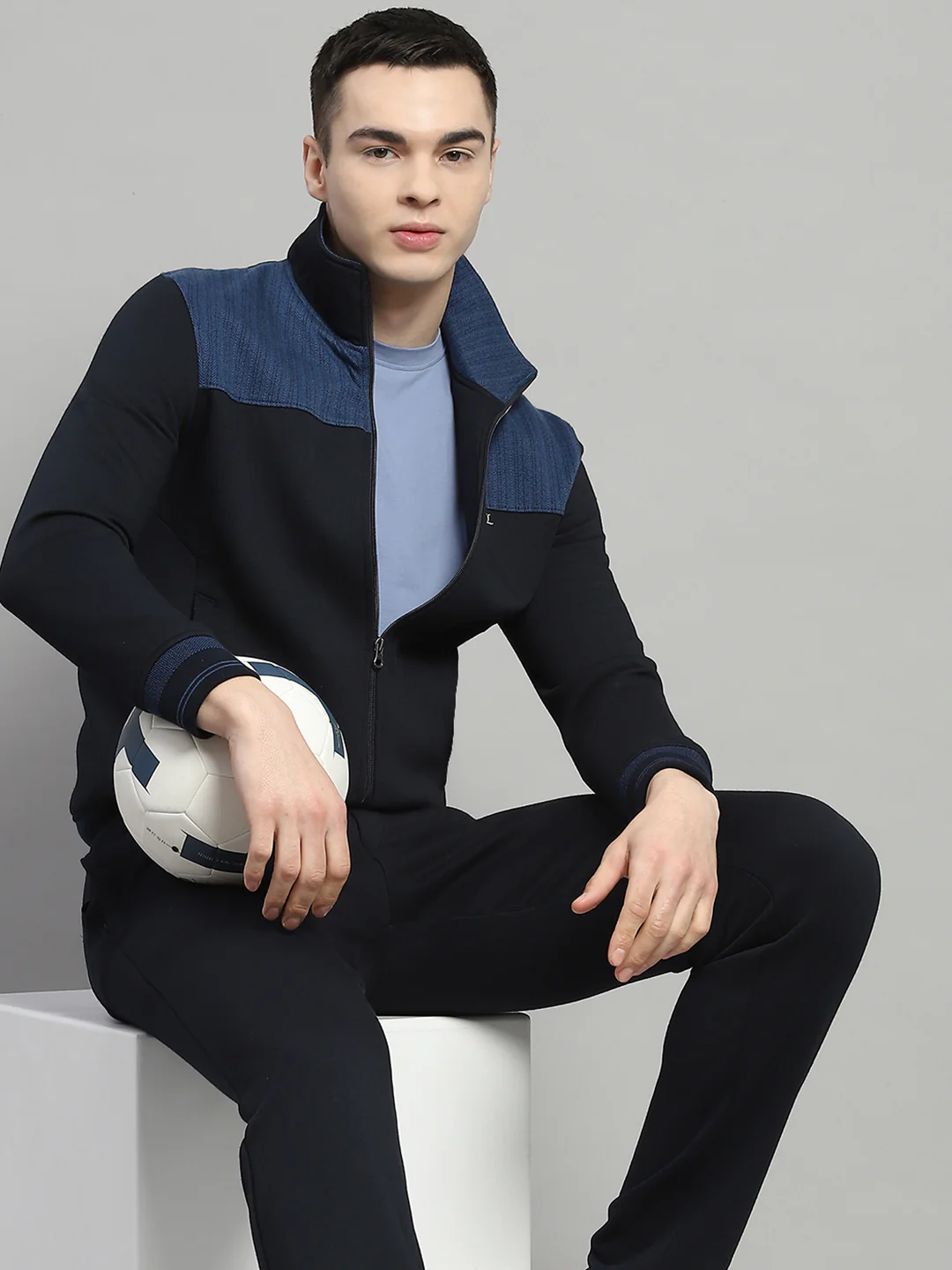 Men Navy Blue Self Design Collar Full Sleeve Winter Tracksuit - Image 6