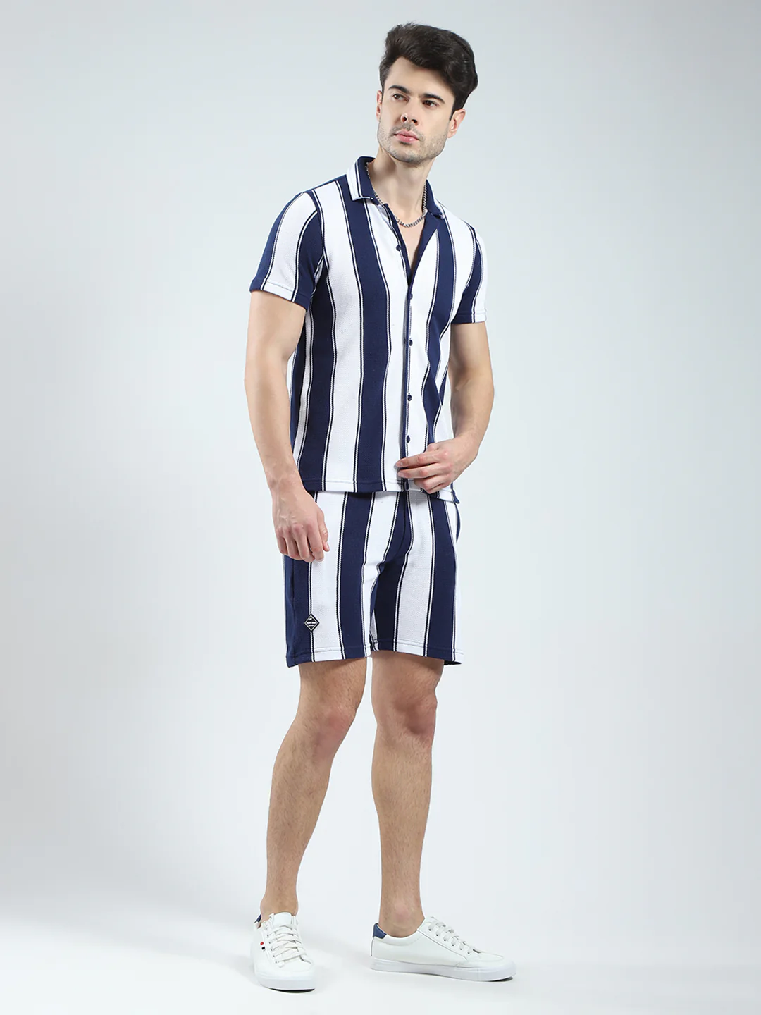 Men Navy Blue Self Design Collar Half Sleeve Bermuda Set - Image 4