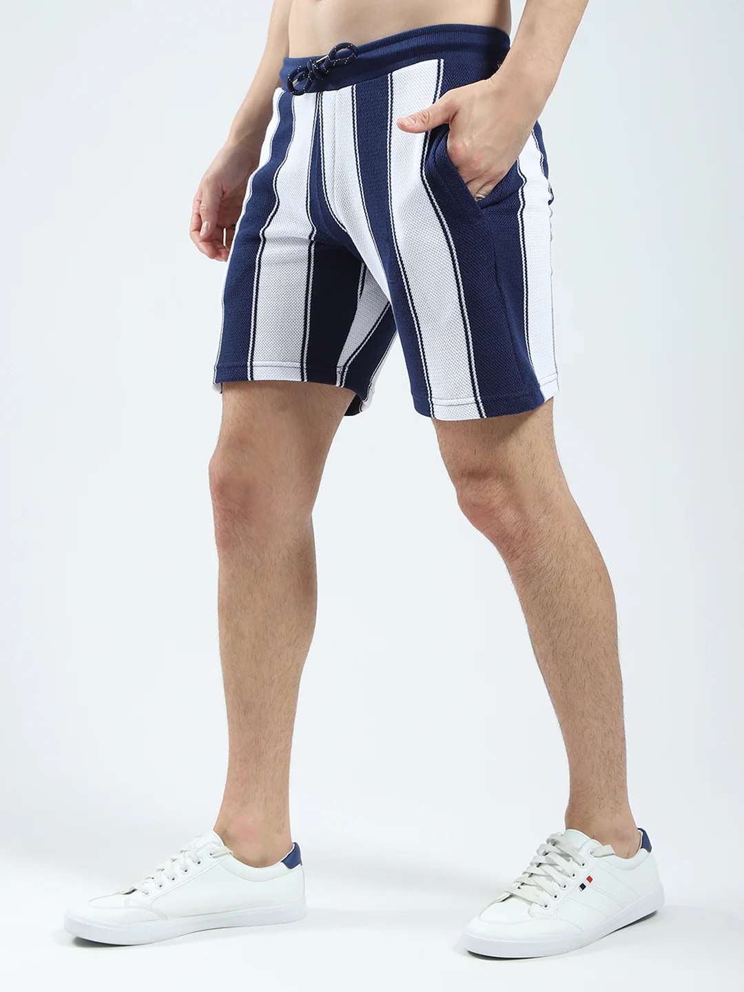 Men Navy Blue Self Design Collar Half Sleeve Bermuda Set - Image 8