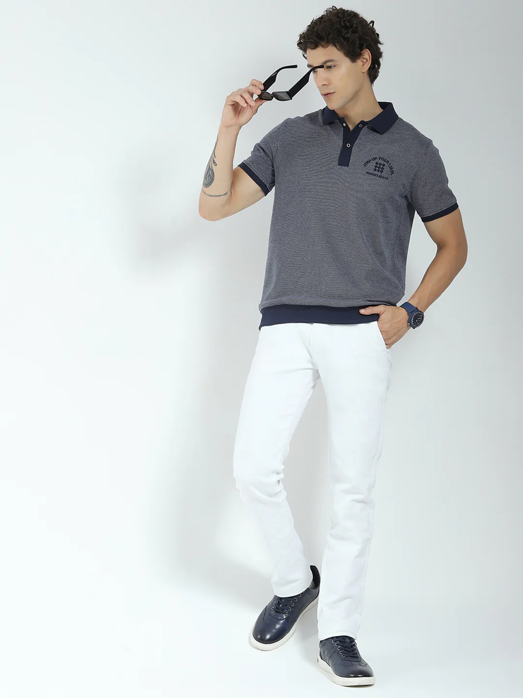 Rock.it Men Navy Blue Self Design Collar Half Sleeve T-Shirt - Image 2