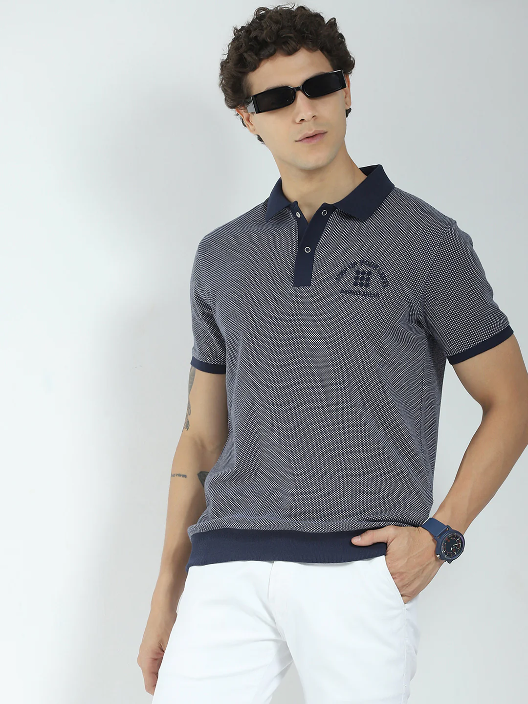 Rock.it Men Navy Blue Self Design Collar Half Sleeve T-Shirt - Image 6
