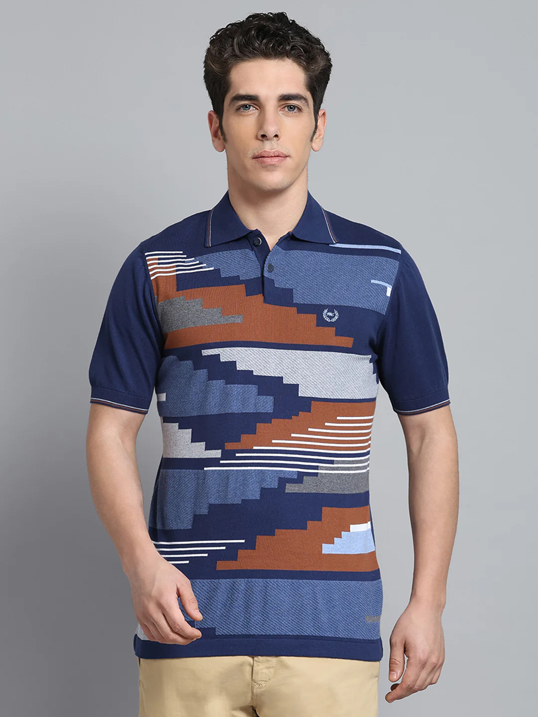 Men Navy Blue Self Design Collar Half Sleeve T-Shirt