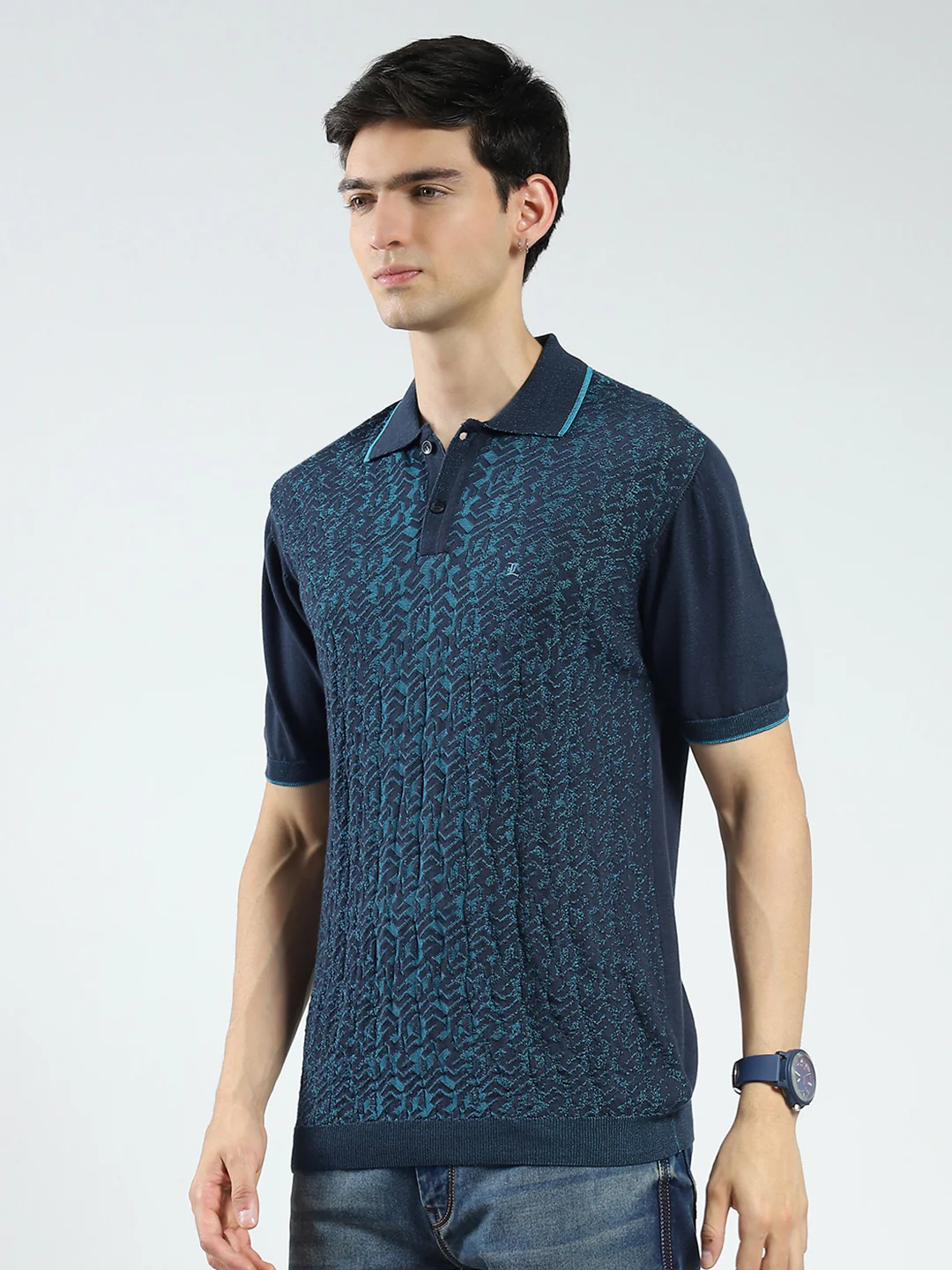 Men Navy Blue Self Design Collar Half Sleeve T-Shirt - Image 3