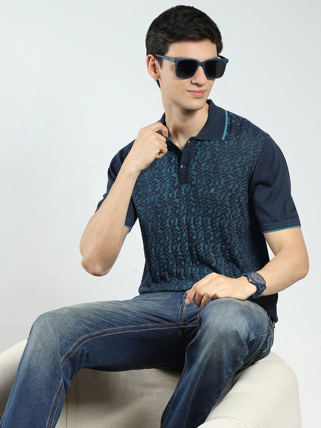 Men Navy Blue Self Design Collar Half Sleeve T-Shirt - Image 6