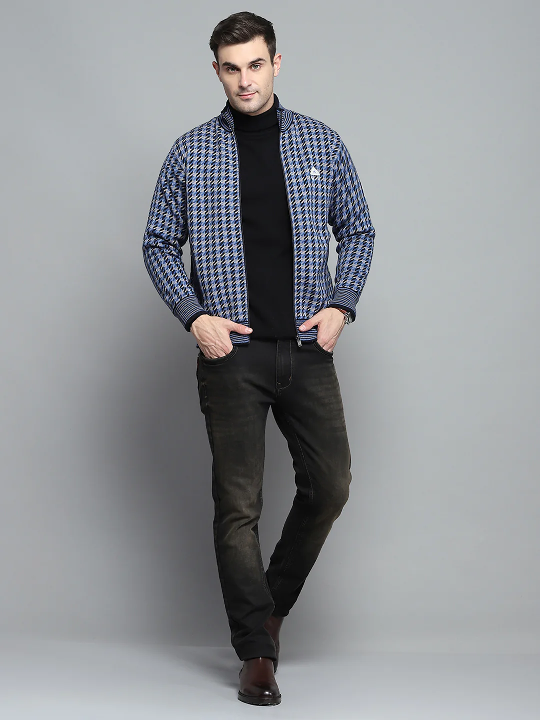 Men Navy Blue Self Design Mock Neck Full Sleeve Jacket - Image 2