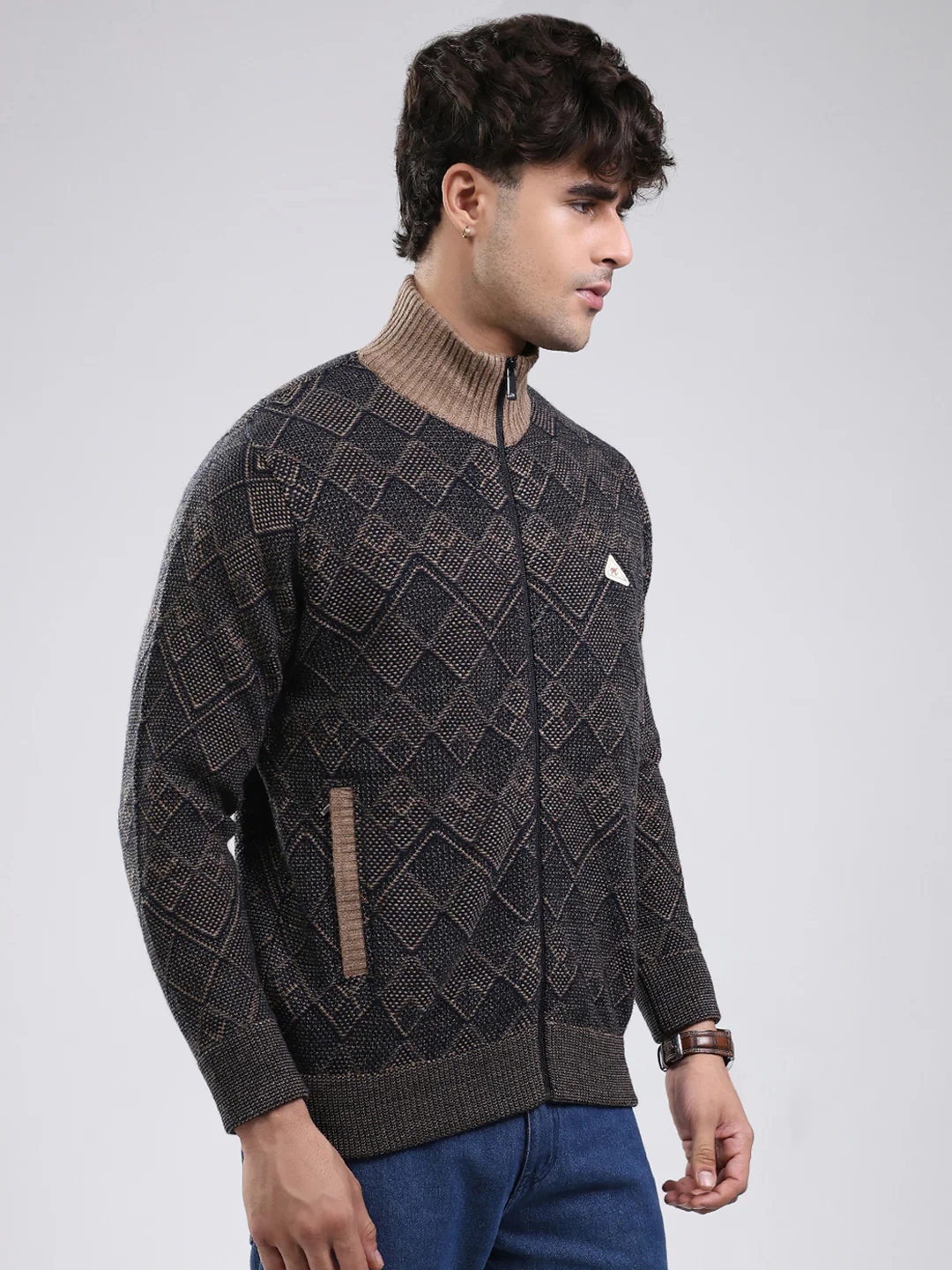 Men Navy Blue Self Design Mock Neck Full Sleeve Jacket - Image 4