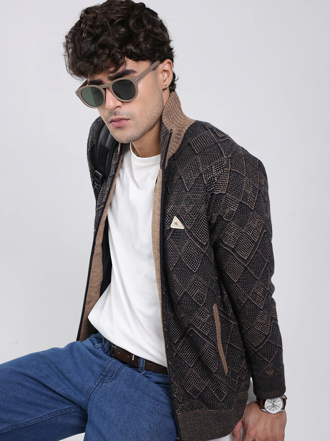Men Navy Blue Self Design Mock Neck Full Sleeve Jacket - Image 6