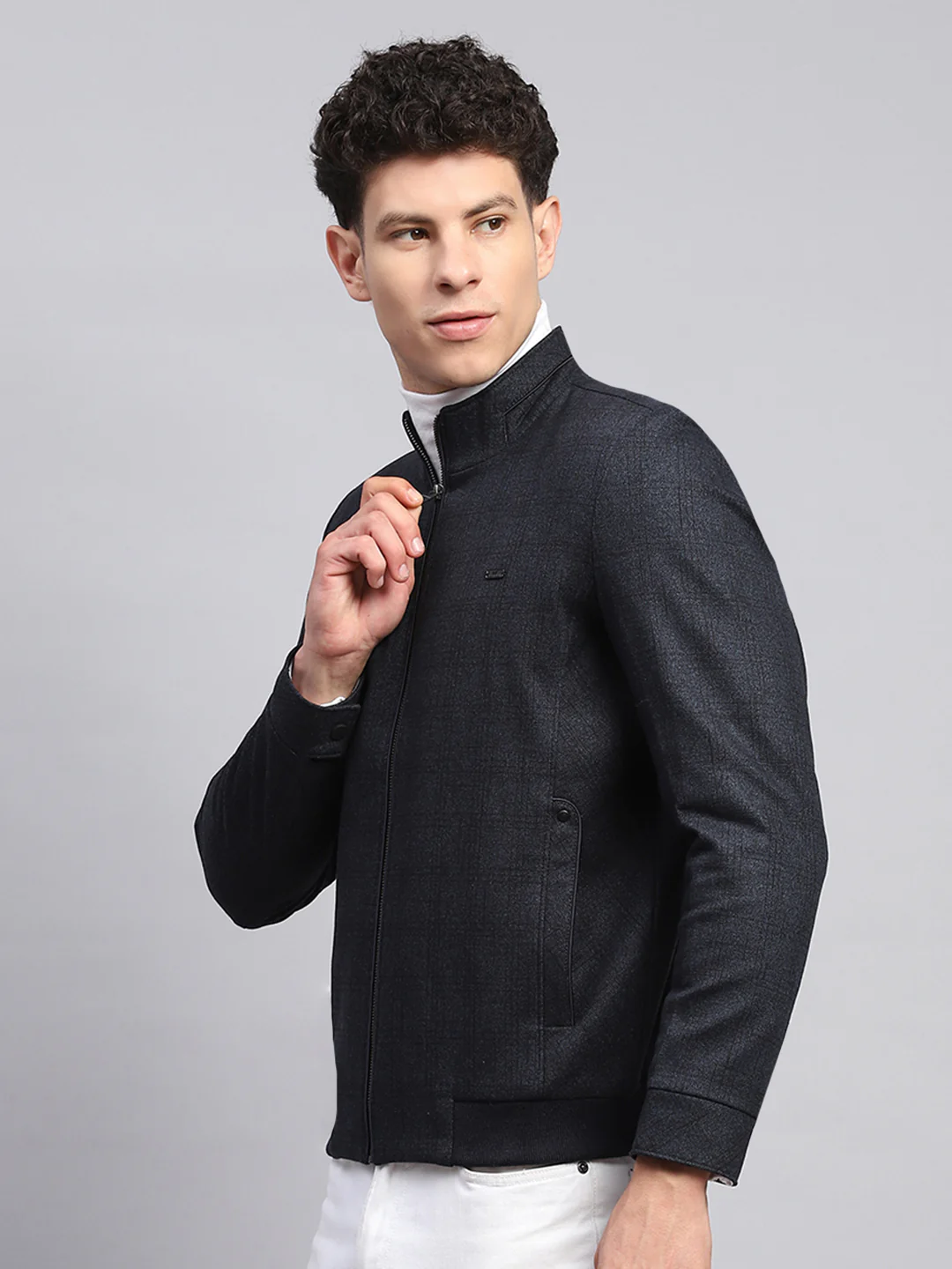 Men Navy Blue Self Design Mock Neck Full Sleeve Jacket - Image 3