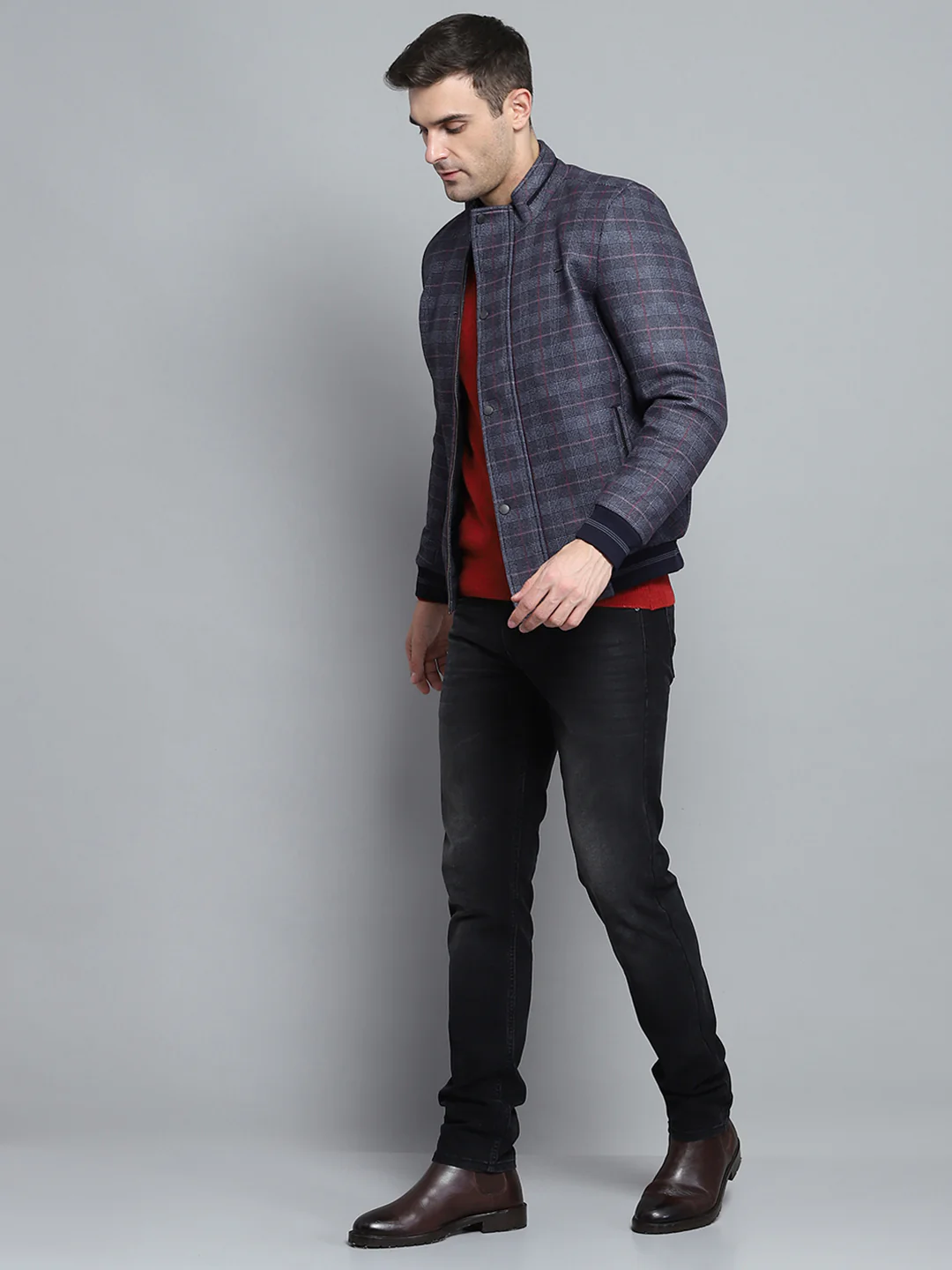 Men Navy Blue Self Design Mock Neck Full Sleeve Jacket - Image 2