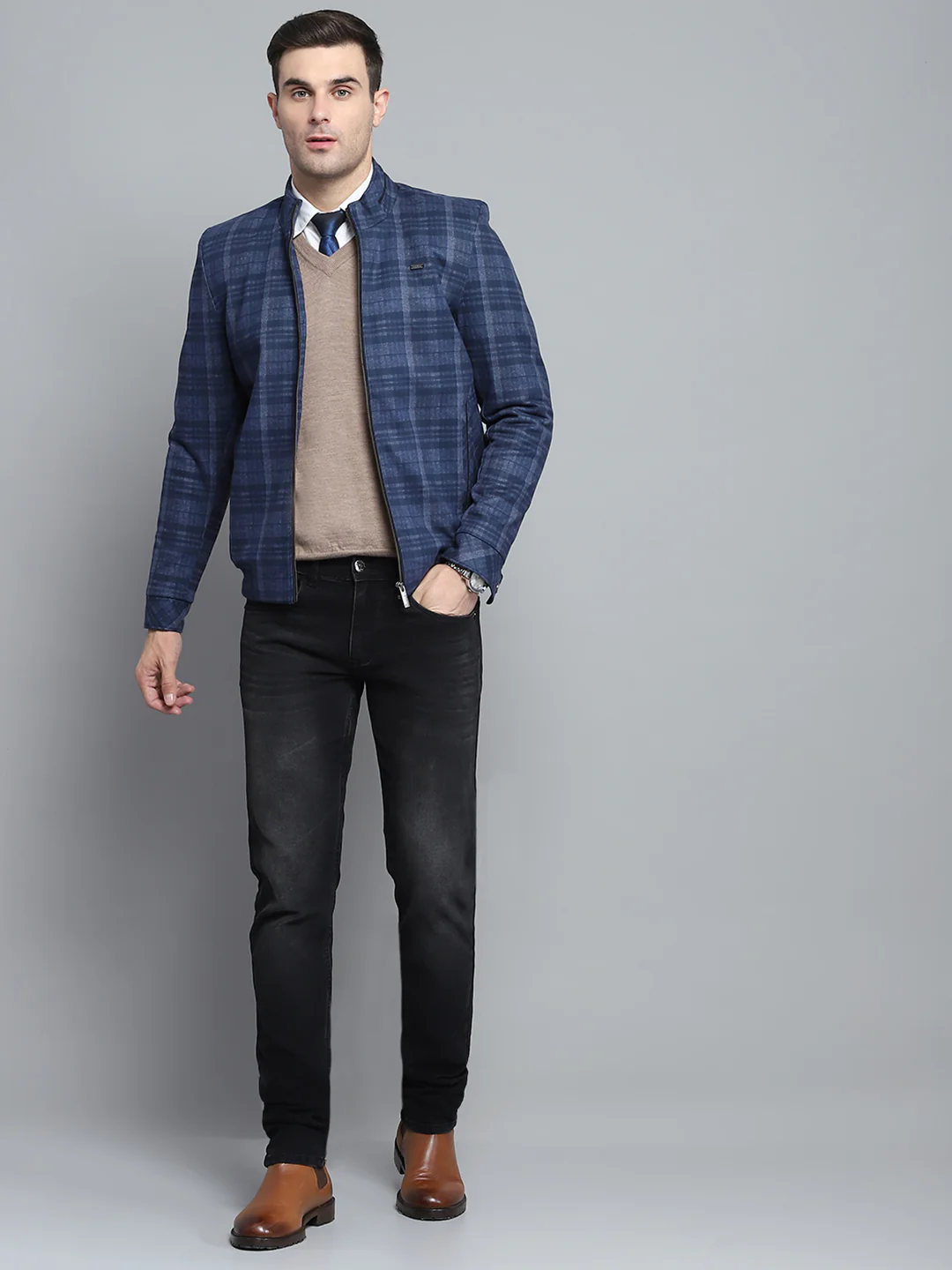 Men Navy Blue Self Design Mock Neck Full Sleeve Jacket - Image 2