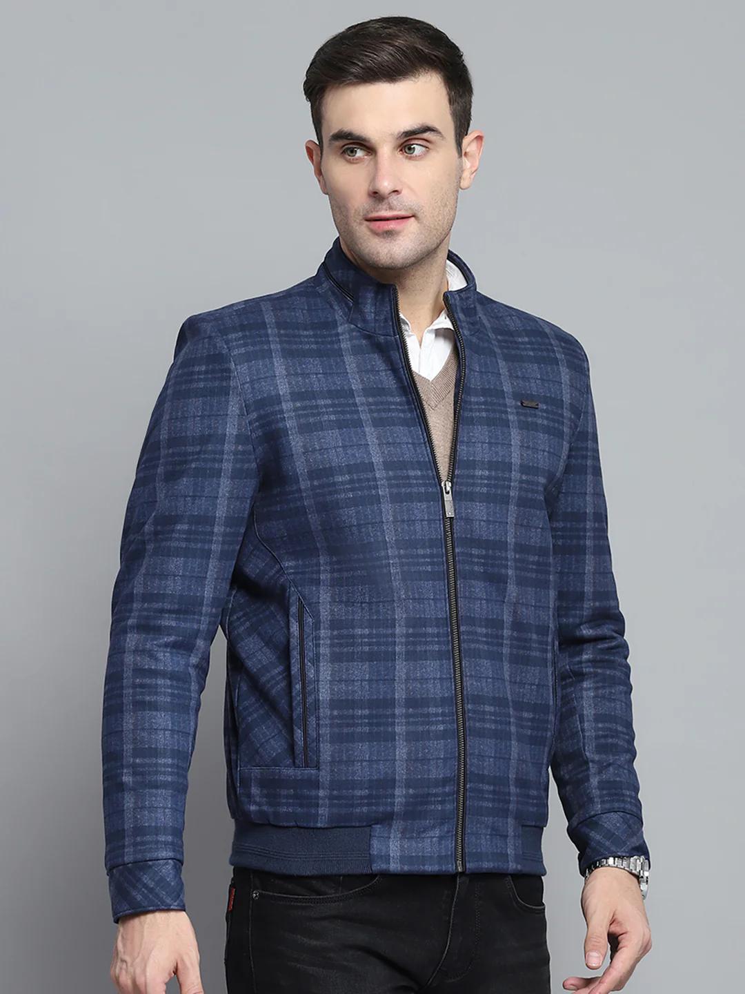 Men Navy Blue Self Design Mock Neck Full Sleeve Jacket - Image 4