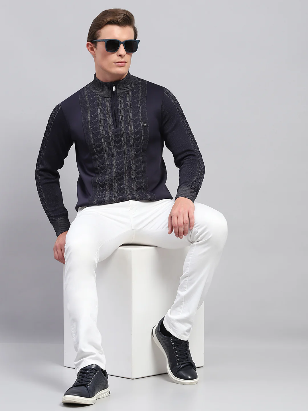 Men Navy Blue Self Design Mock Neck Full Sleeve Pullover - Image 2