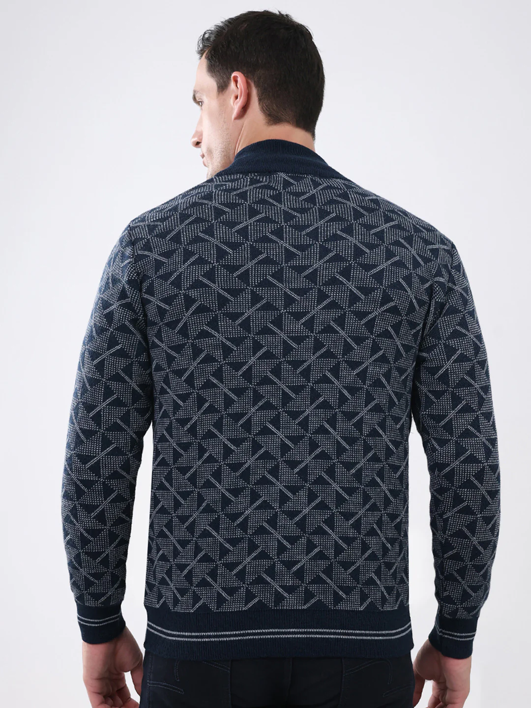 Men Navy Blue Self Design Mock Neck Full Sleeve Pullover - Image 5