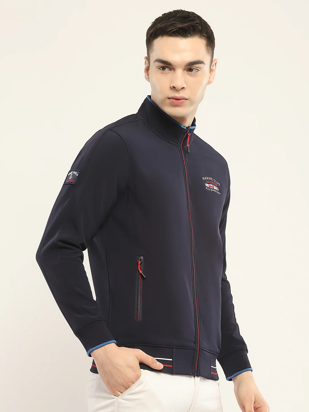 Men Navy Blue Self Design Mock Neck Full Sleeve Sweatshirt - Image 4