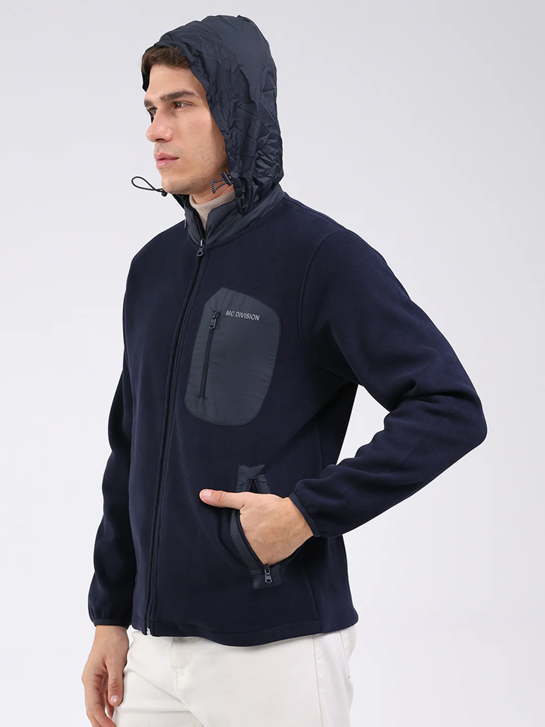 Men Navy Blue Self Design Mock Neck Full Sleeve Sweatshirt - Image 6