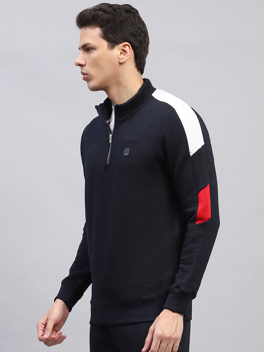 Men Navy Blue Self Design Mock Neck Full Sleeve Winter T-Shirt - Image 3