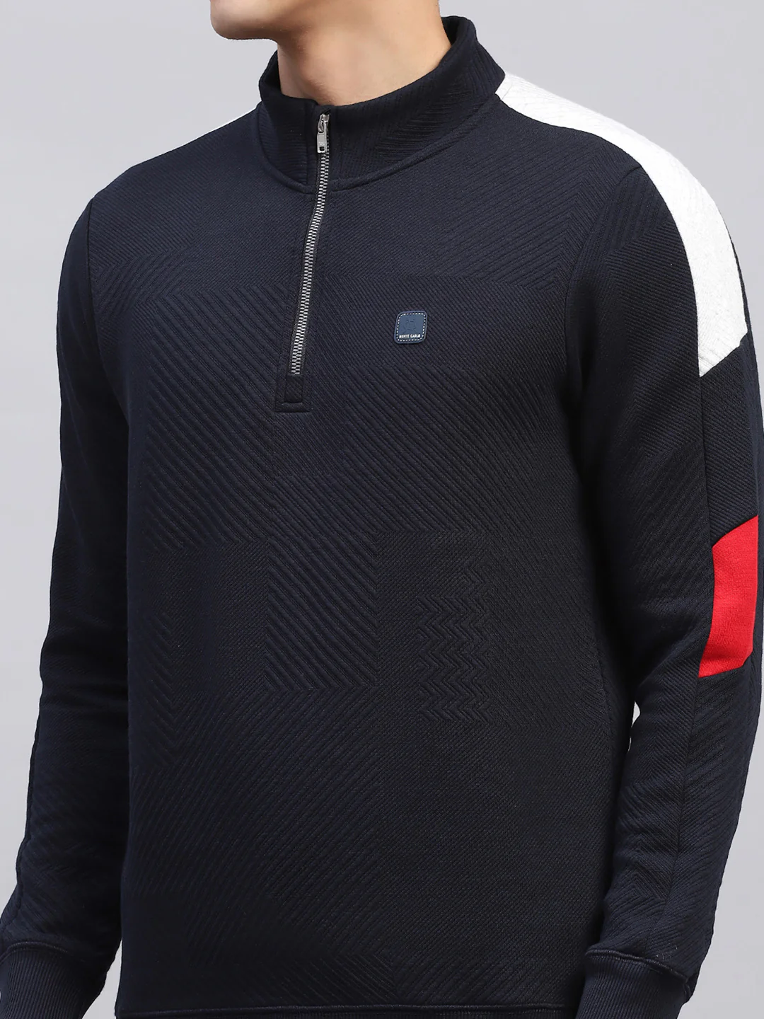 Men Navy Blue Self Design Mock Neck Full Sleeve Winter T-Shirt - Image 7