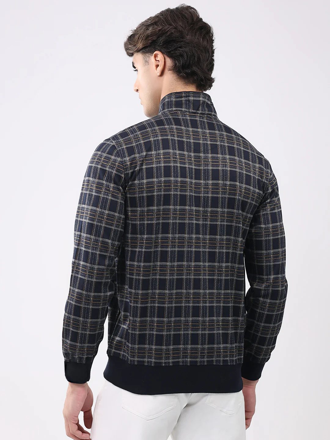 Men Navy Blue Self Design Mock Neck Full Sleeve Winter T-Shirt - Image 5