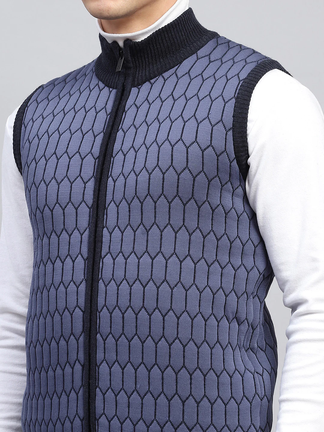 Men Navy Blue Self Design Mock Neck Sleeveless Jacket - Image 7