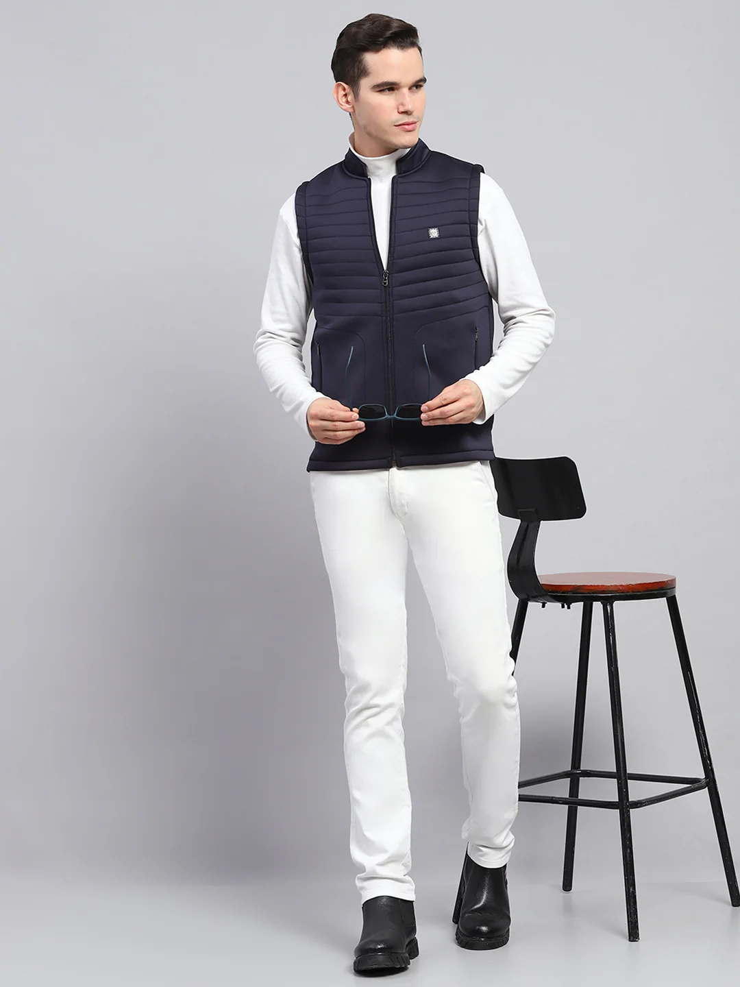Men Navy Blue Self Design Mock Neck Sleeveless Jacket - Image 2