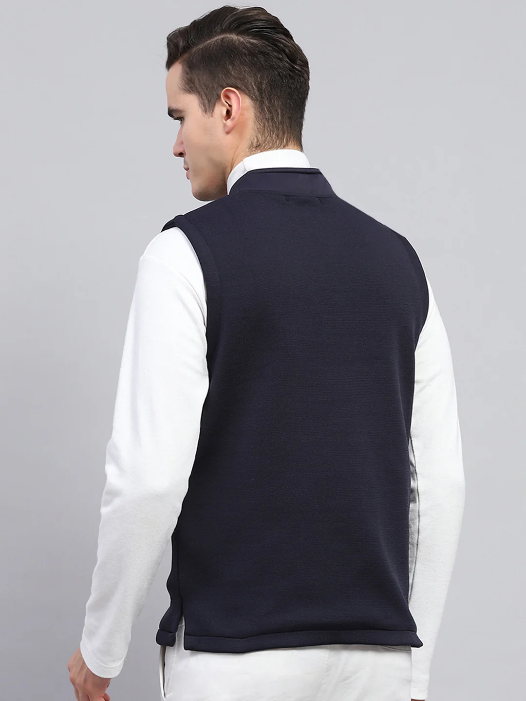 Men Navy Blue Self Design Mock Neck Sleeveless Jacket - Image 5