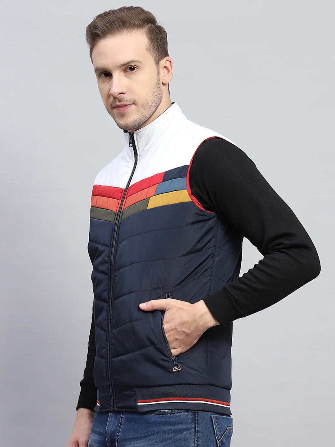 Men Navy Blue Self Design Mock Neck Sleeveless Jacket - Image 3