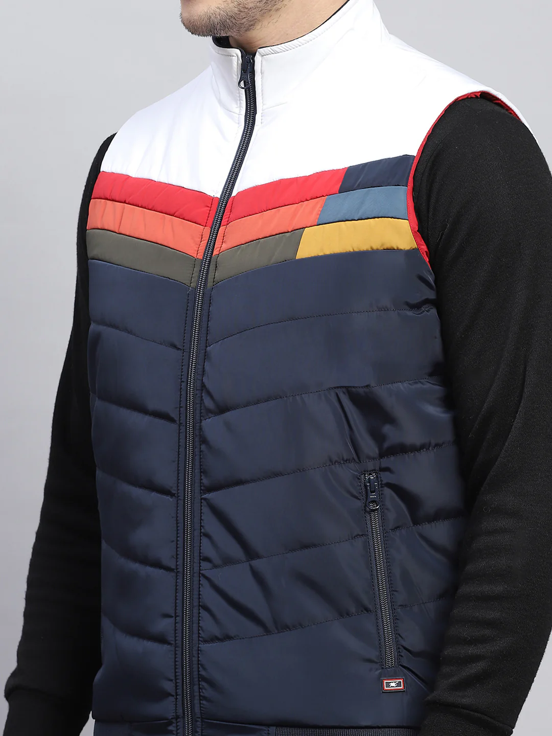 Men Navy Blue Self Design Mock Neck Sleeveless Jacket - Image 6