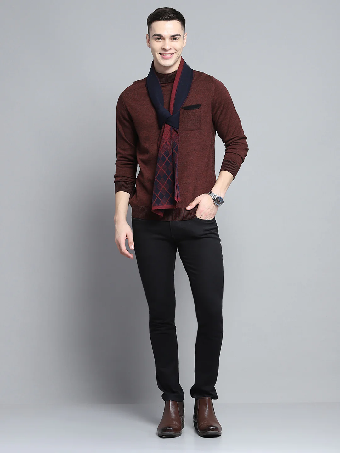 Men Navy Blue Self Design Muffler - Image 2