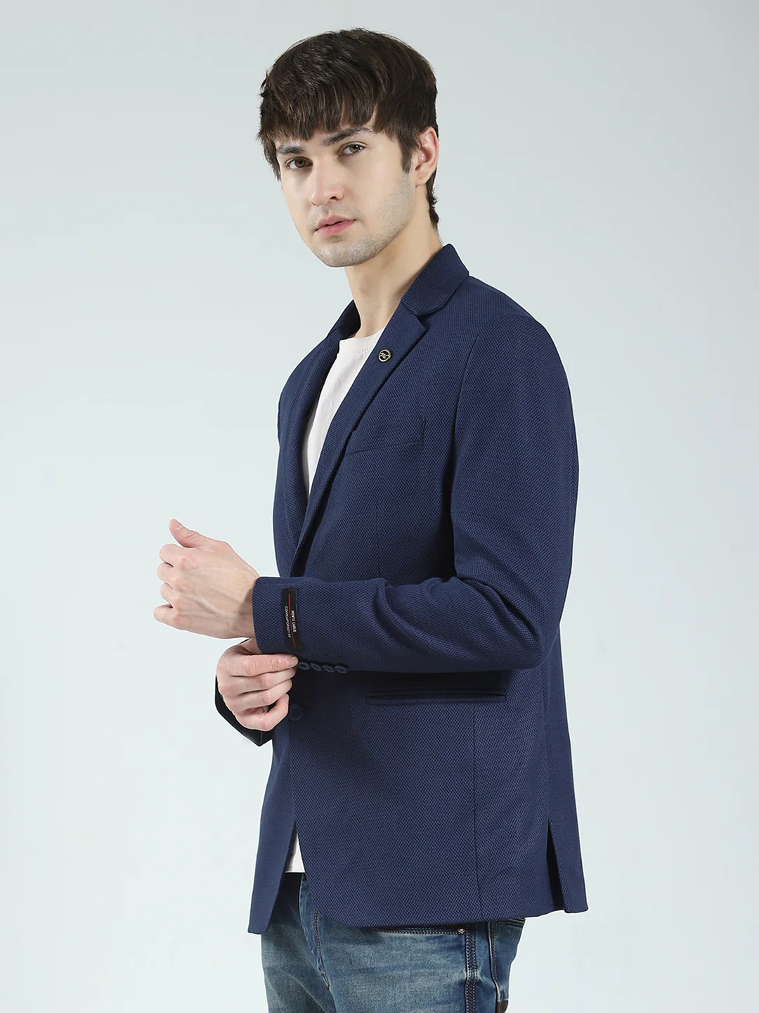 Men Navy Blue Self Design Notch Lapel Collar Full Sleeve Blazer - Image 3