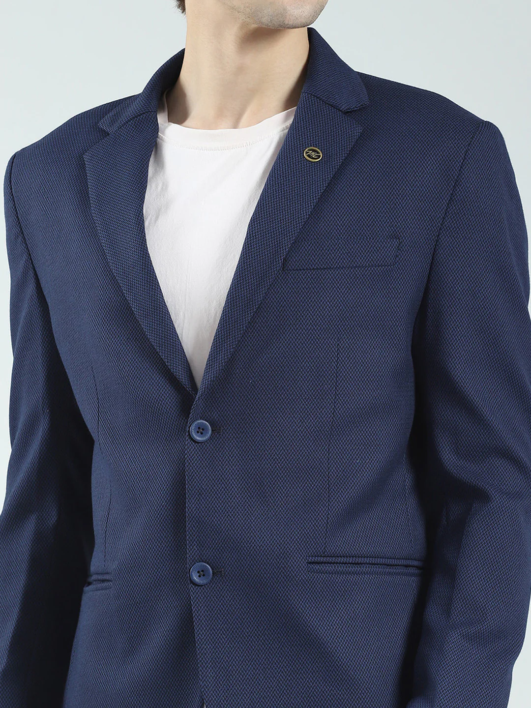 Men Navy Blue Self Design Notch Lapel Collar Full Sleeve Blazer - Image 7