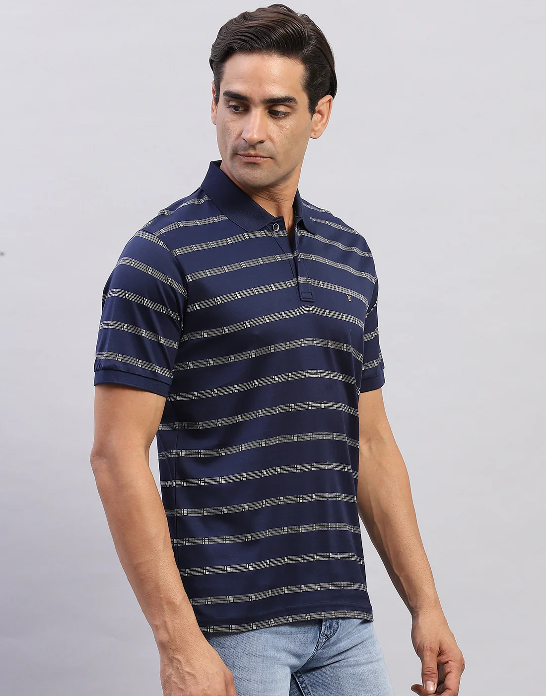 Men Navy Blue Self Design Polo Collar Half Sleeve T-Shirt - Image 4
