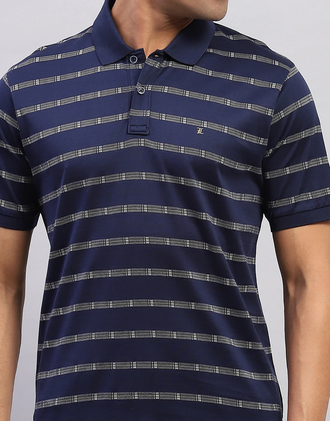 Men Navy Blue Self Design Polo Collar Half Sleeve T-Shirt - Image 6