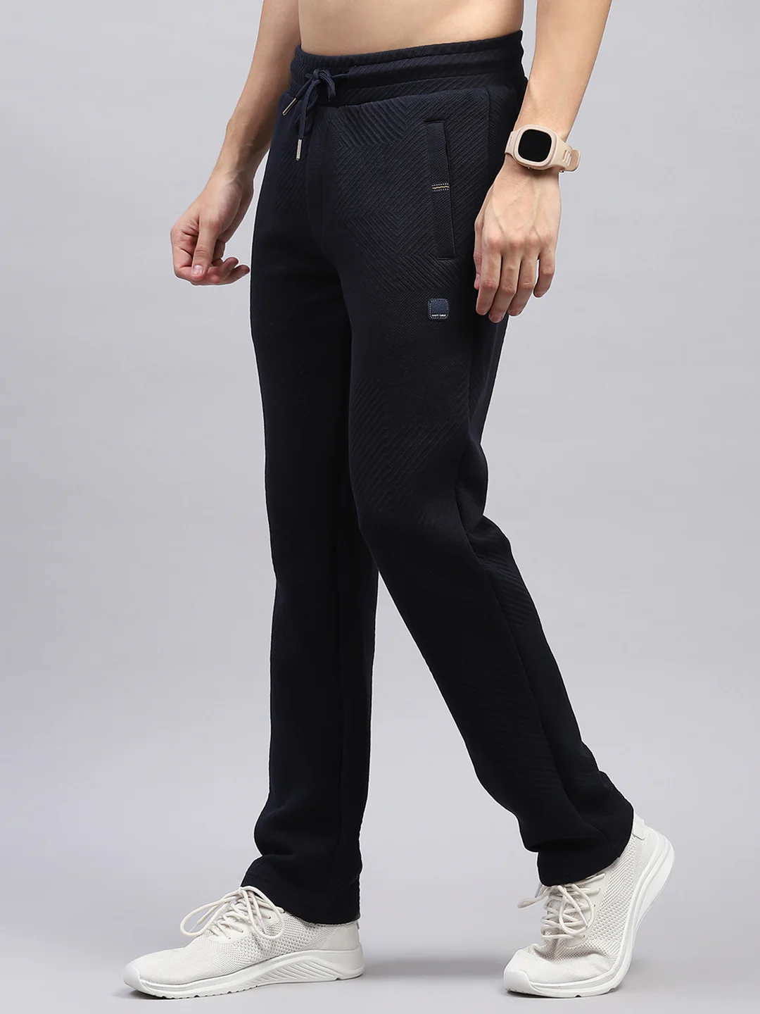 Men Navy Blue Self Design Regular Fit Lower - Image 3