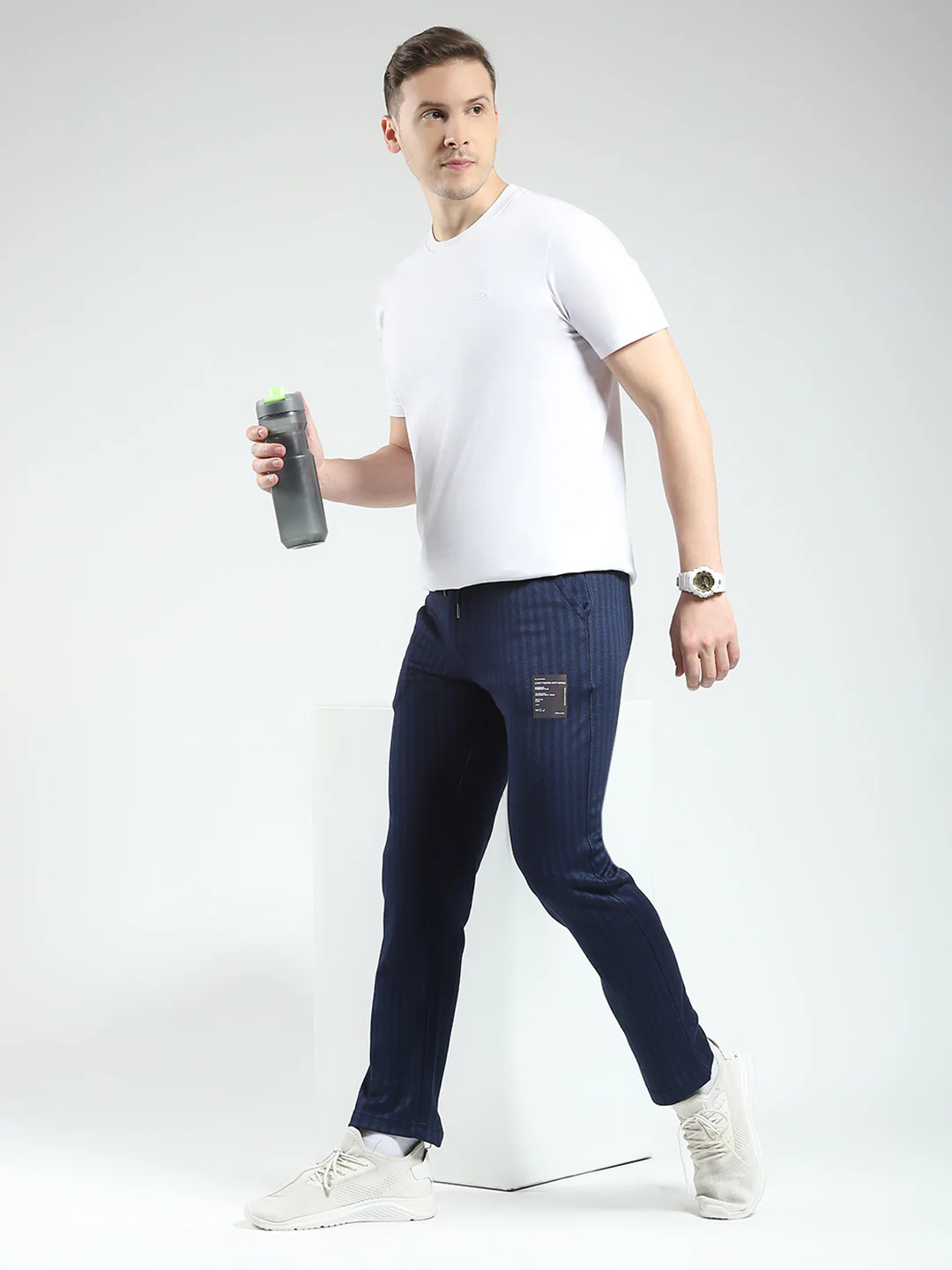 Men Navy Blue Self Design Regular Fit Winter Lower - Image 2