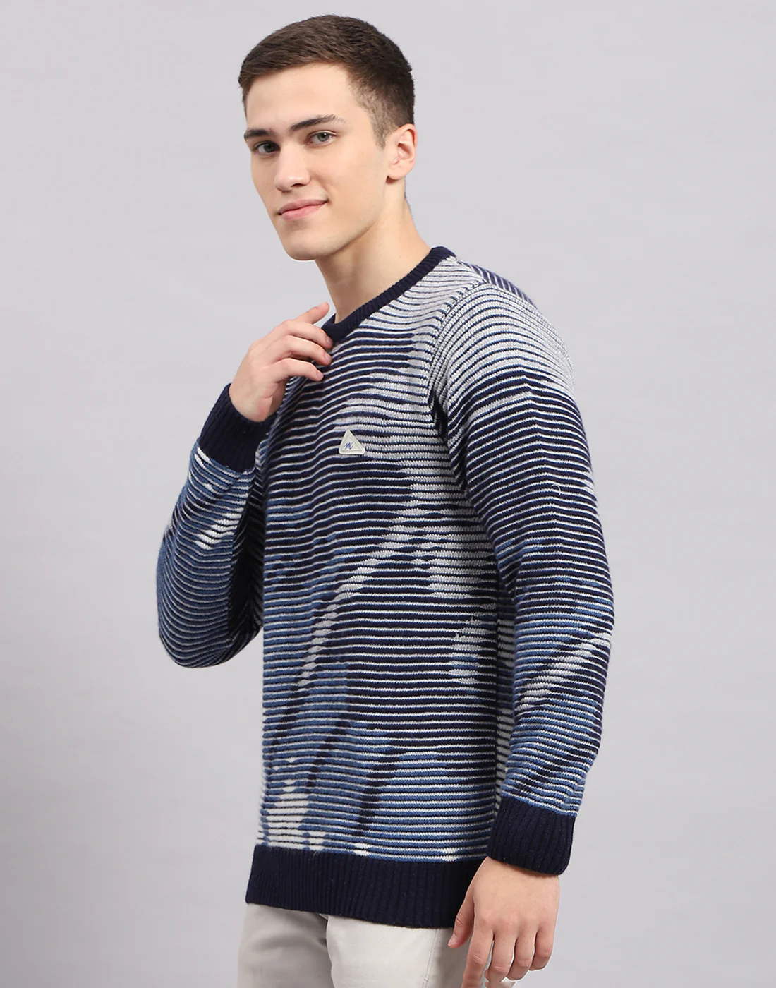 Men Navy Blue Self Design Round Neck Full Sleeve Pullover - Image 3
