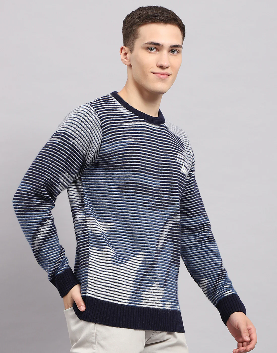 Men Navy Blue Self Design Round Neck Full Sleeve Pullover - Image 4
