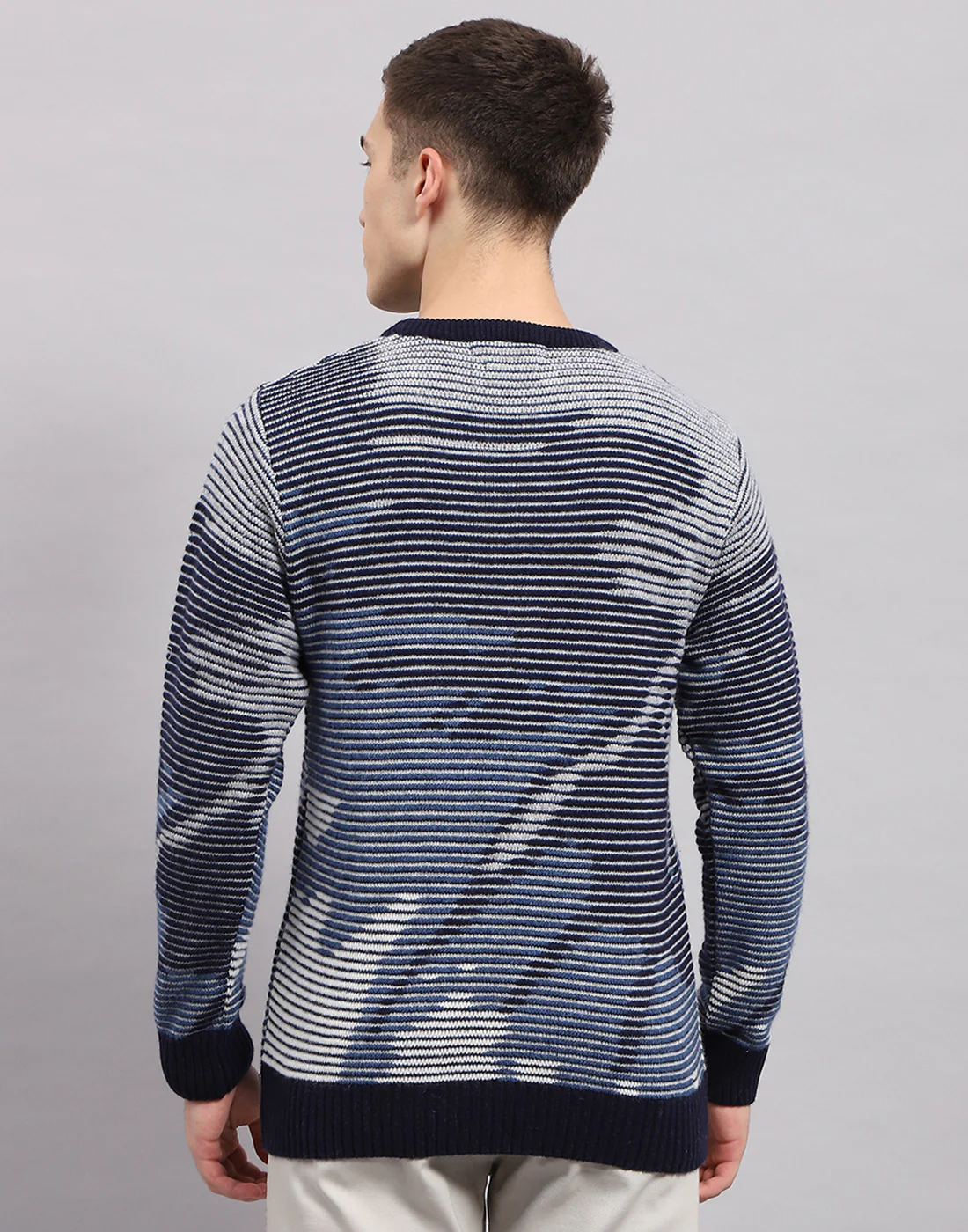 Men Navy Blue Self Design Round Neck Full Sleeve Pullover - Image 5